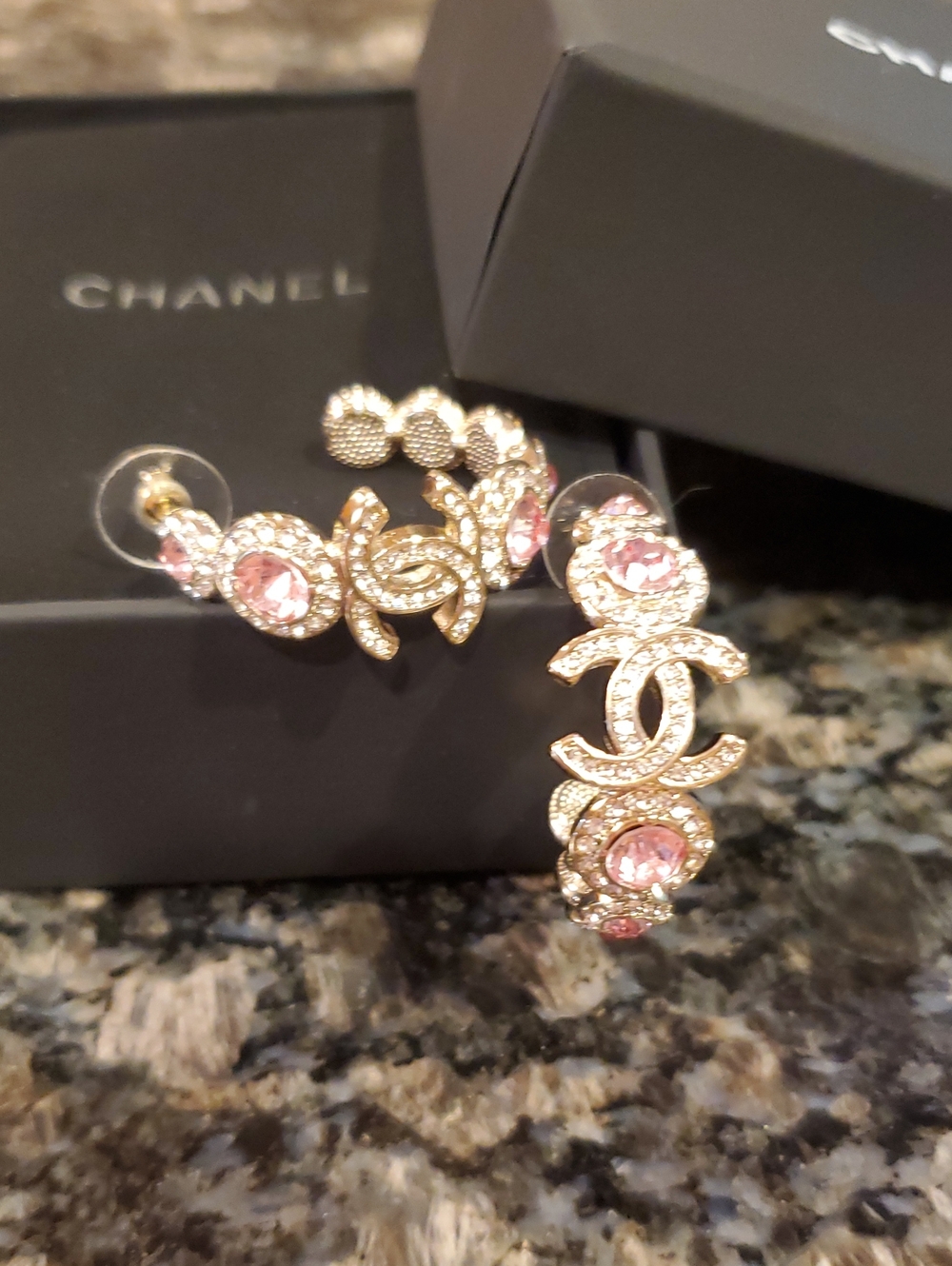 Chanel Pink Crystal CC Hoop Earrings - Gold Tone GORGEOUS!